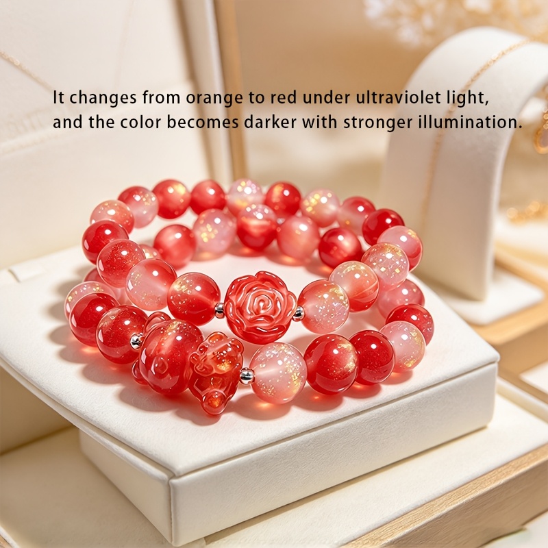 2pcs Cuddly Bear & Rose Bead Bracelet Set, Luminous Design